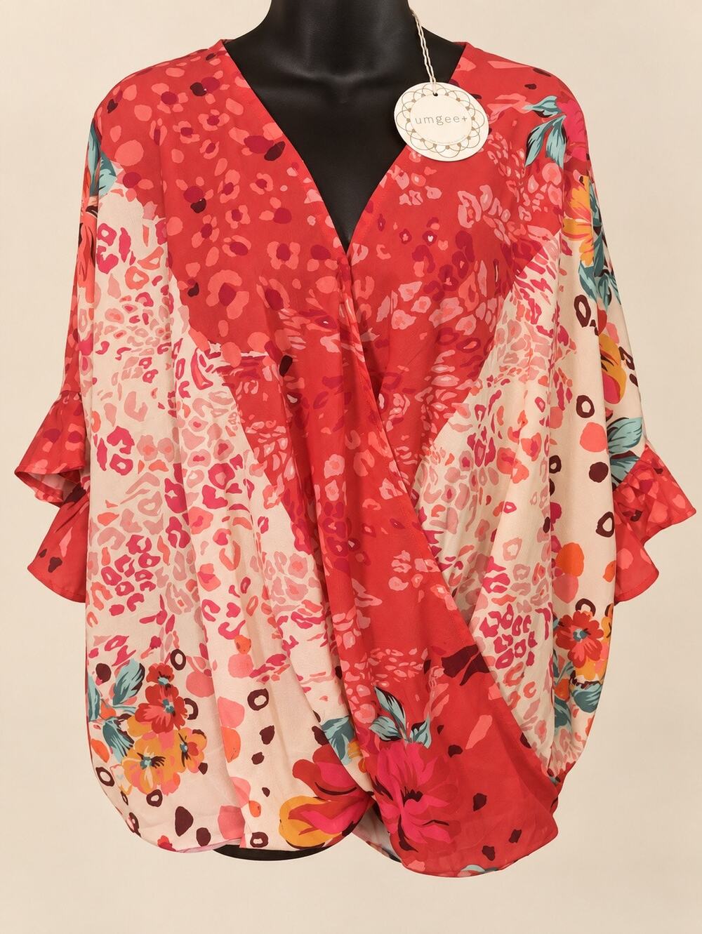 Umgee USA XL Coral Floral Animal Print Wrap Blouse Ruffle Sleeve Boho NWT